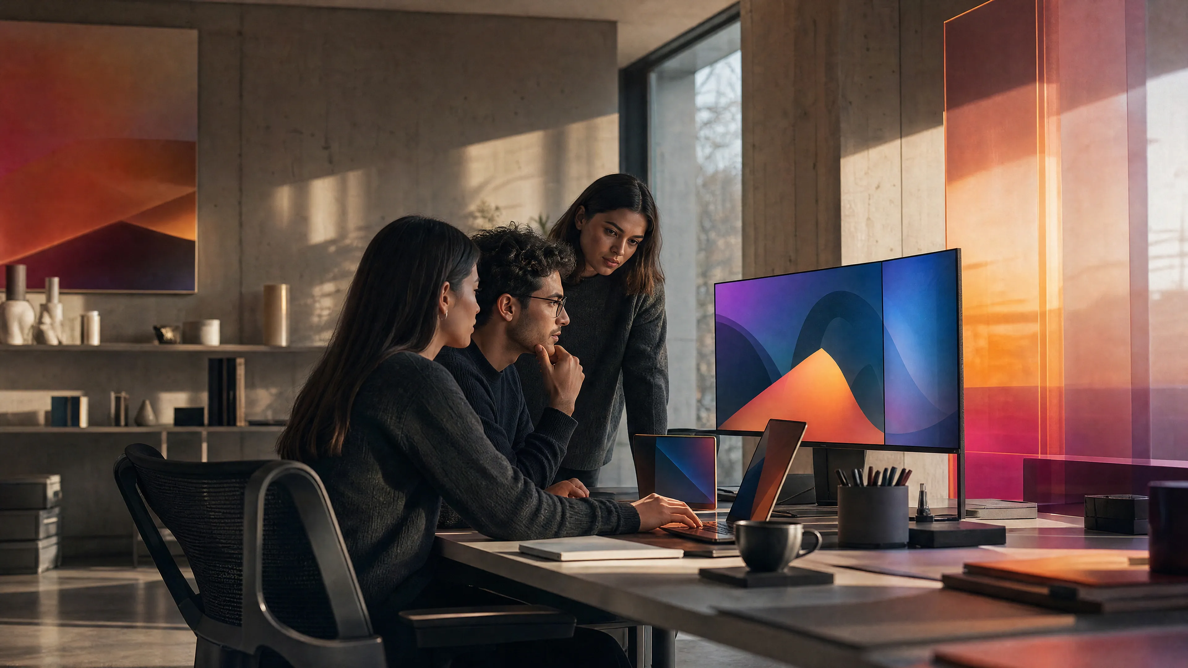 A software product team collaborating in a modern technology studio.