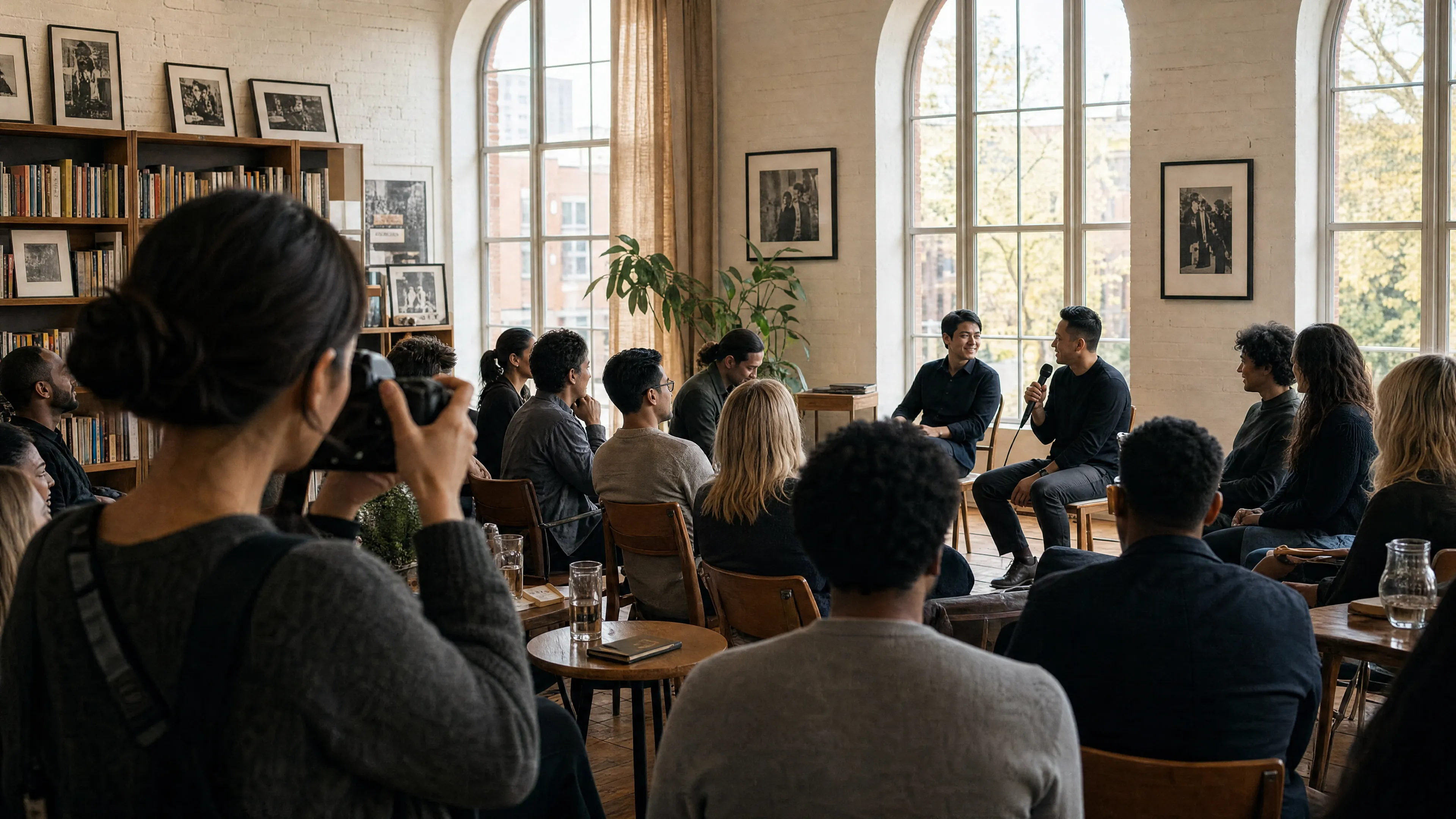 A photographer documenting a live audience conversation in an independent cultural venue.